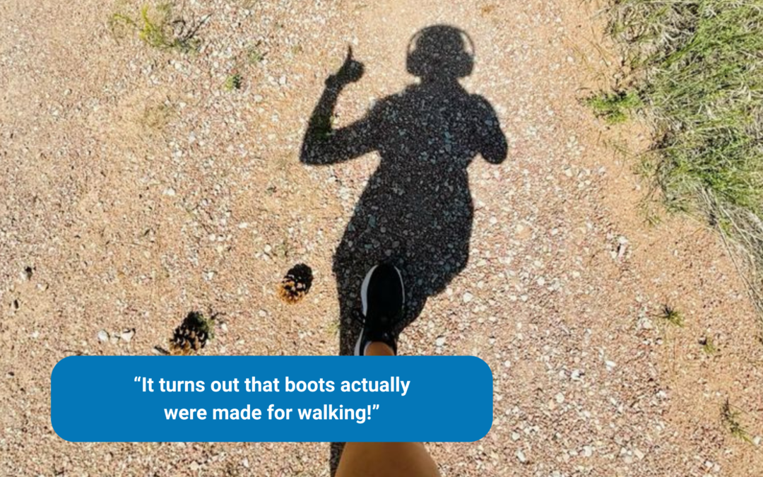 Fitness woman selfie jogging "turns out boots actually were made for walking"